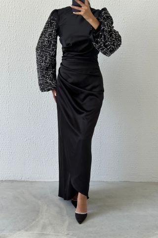 Elegant Stance: Satin Hijab Evening Dress with Gathered Waist Sleeves and Stones Black