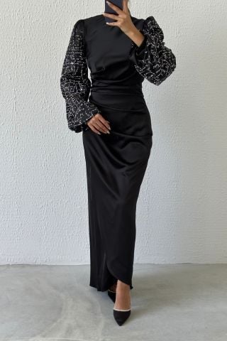 Elegant Stance: Satin Hijab Evening Dress with Gathered Waist Sleeves and Stones Black