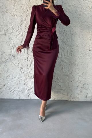 Pencil Satin Hijab Evening Dress with Feather Sleeves Plum