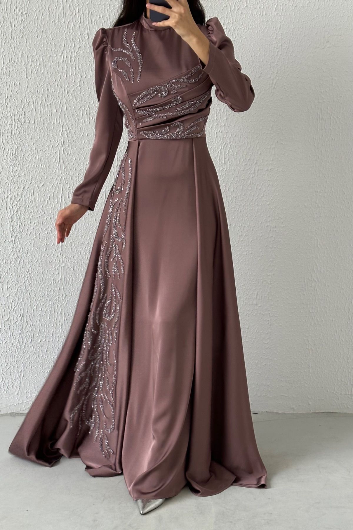 Unique Stone Detailed Cape Mink Hijab Evening Dress