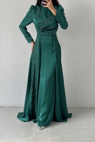 Unique Stone Detailed Emerald Hijab Evening Dress with Cape