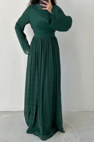 Thin Pleated Skirt Flounce Sleeve Hijab Evening Dress Green