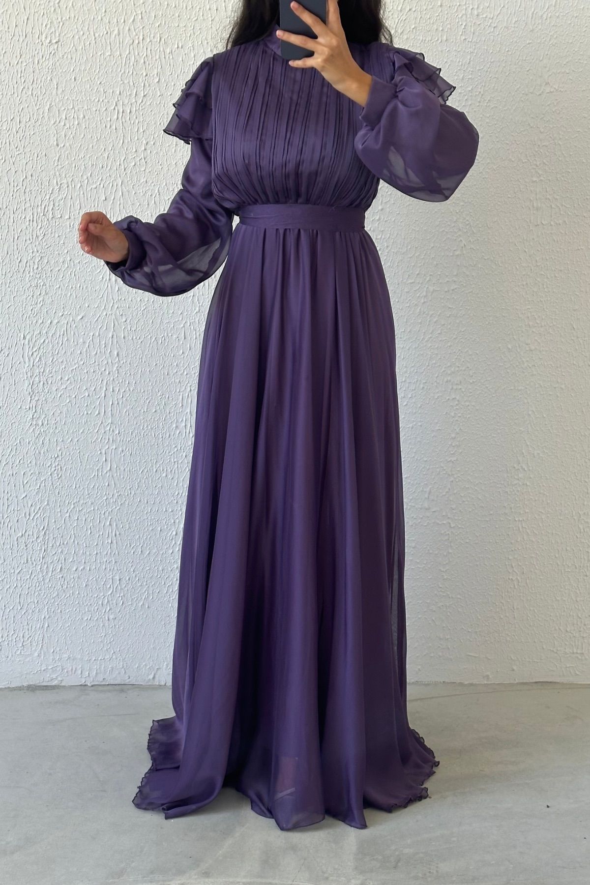 Elegant Shoulder Detailed Janjan Chiffon Hijab Evening Dress Purple