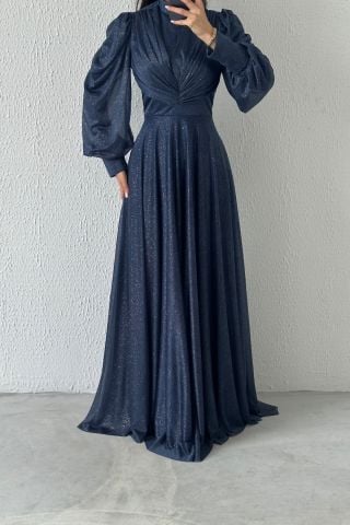 Drape Detailed Glittered Hijab Evening Dress Navy Blue