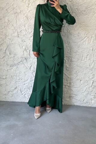 Satin Hijab Evening Dress Emerald Green with Bead Detail at the Waist