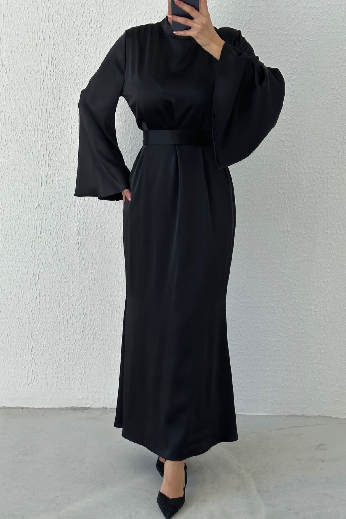 Belted Flounce Sleeve Satin Hijab Evening Dress Black - Leyuze Boutique