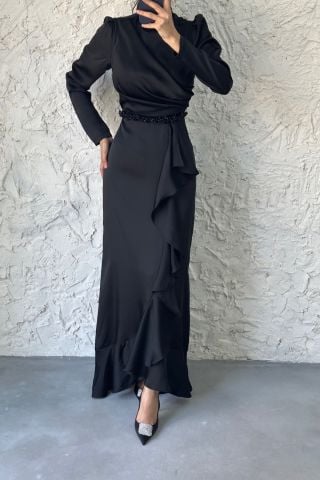 Satin Hijab Evening Dress Black with Bead Detail at the Waist