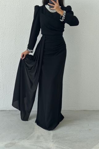 Elegant Crepe Hijab Evening Dress Embellished with Pearls Black