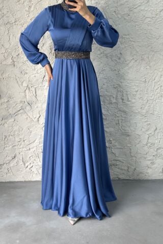 Satin Hijab Evening Dress Indigo with Stones on the Neck and Waist