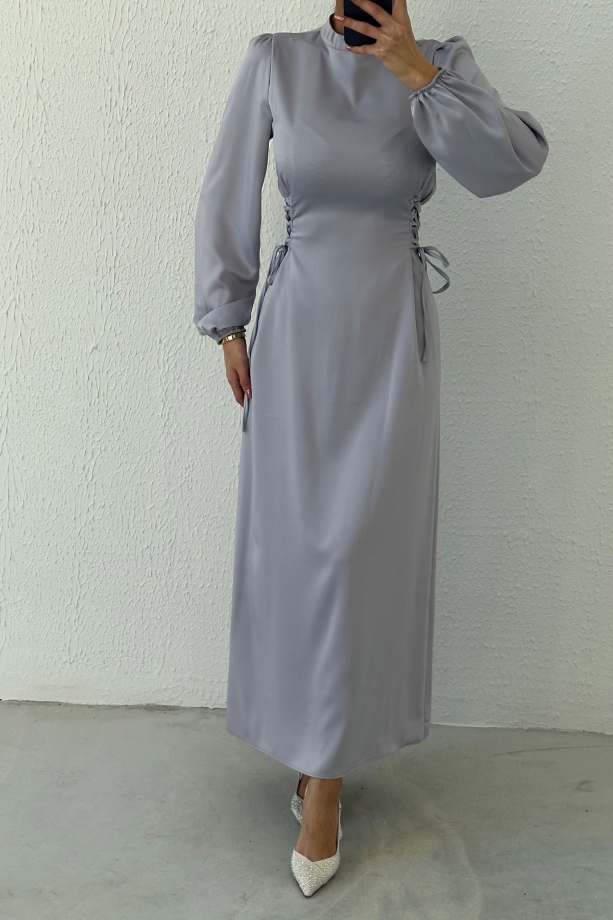 Satin Hijab Evening Dress with Waist Tie Detail Gray