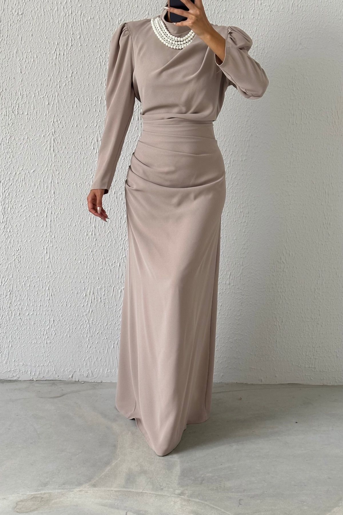 Fish Model Pearl Detailed Crepe Hijab Evening Dress Stone