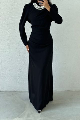 Fish Model Pearl Detailed Crepe Hijab Evening Dress Black