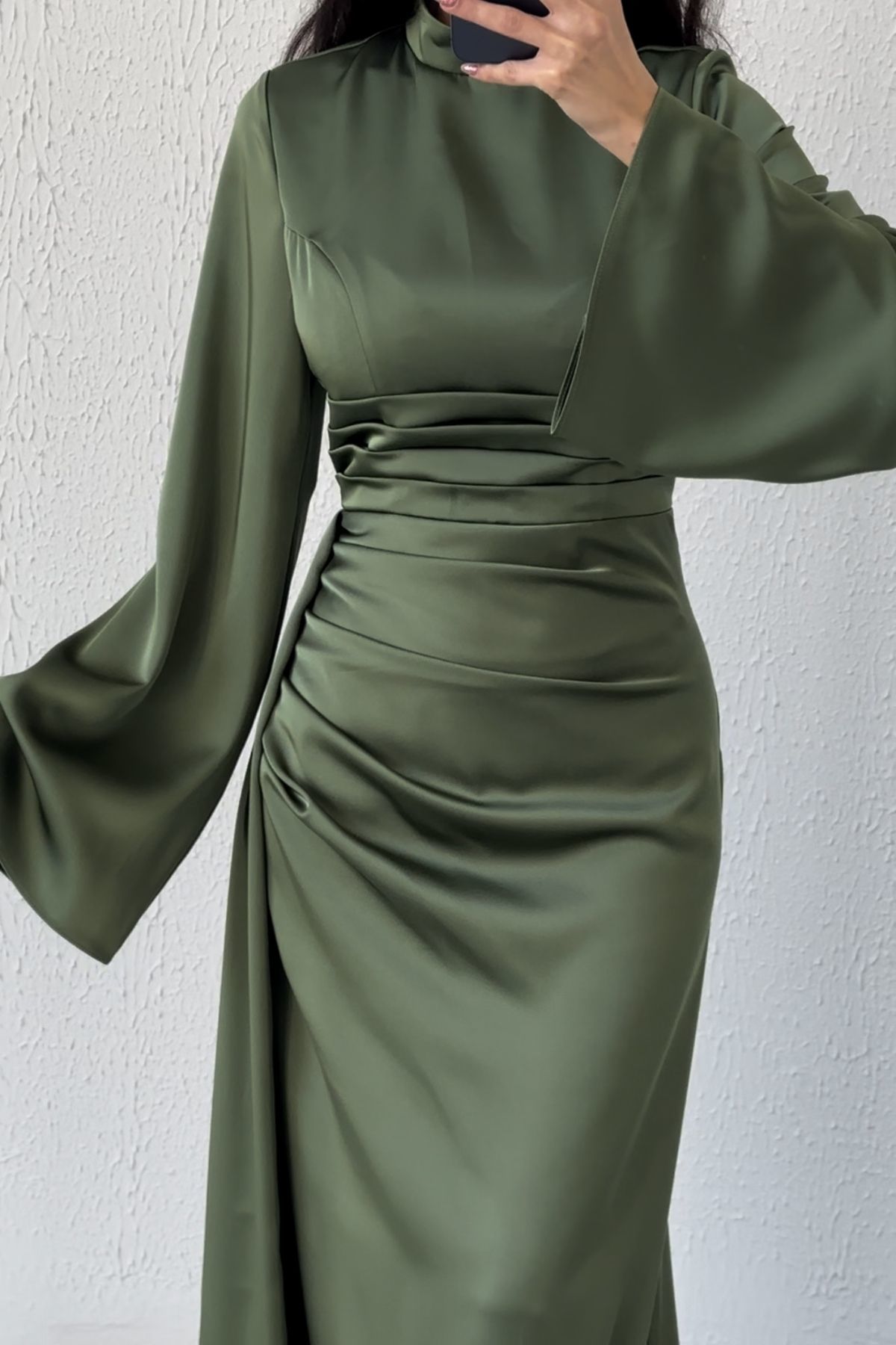 Tail Detailed Satin Hijab Evening Dress Khaki