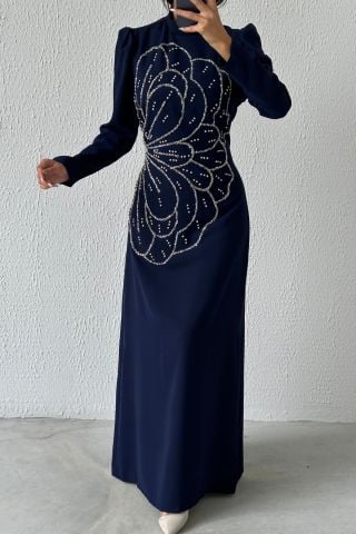 Unique Stone Embroidered Crepe Hijab Evening Dress Navy Blue