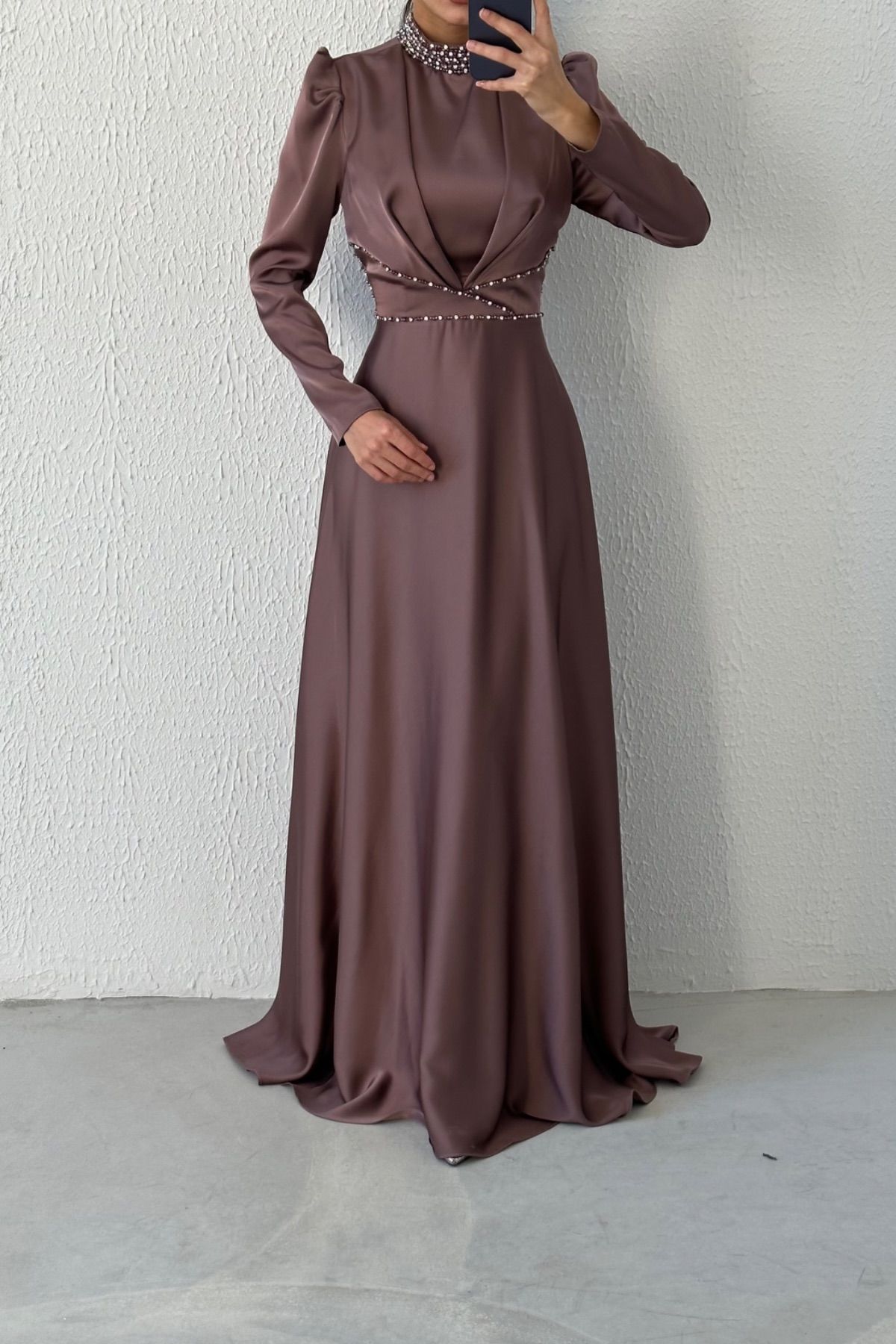 Modern Design Satin Hijab Evening Dress Mink - Leyuze Boutique