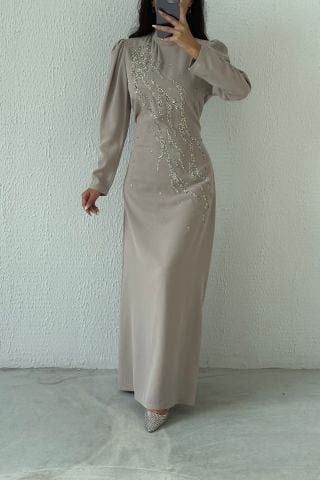 Crepe Fabric Embroidered Hijab Evening Dress Stone