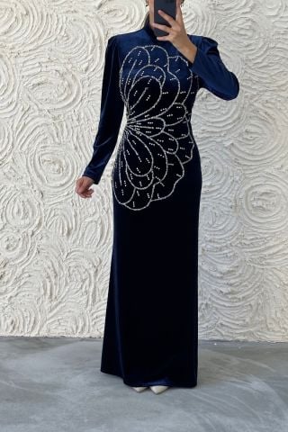 Unique Stone Embroidered Velvet Hijab Evening Dress Navy Blue