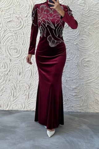 Fine Stone Embroidered Velvet Hijab Evening Dress Burgundy