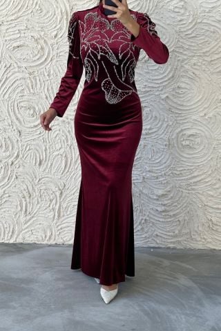 Fine Stone Embroidered Velvet Hijab Evening Dress Burgundy