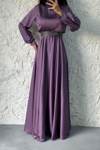 Satin Hijab Evening Dress Lilac with Stones on the Neck and Waist