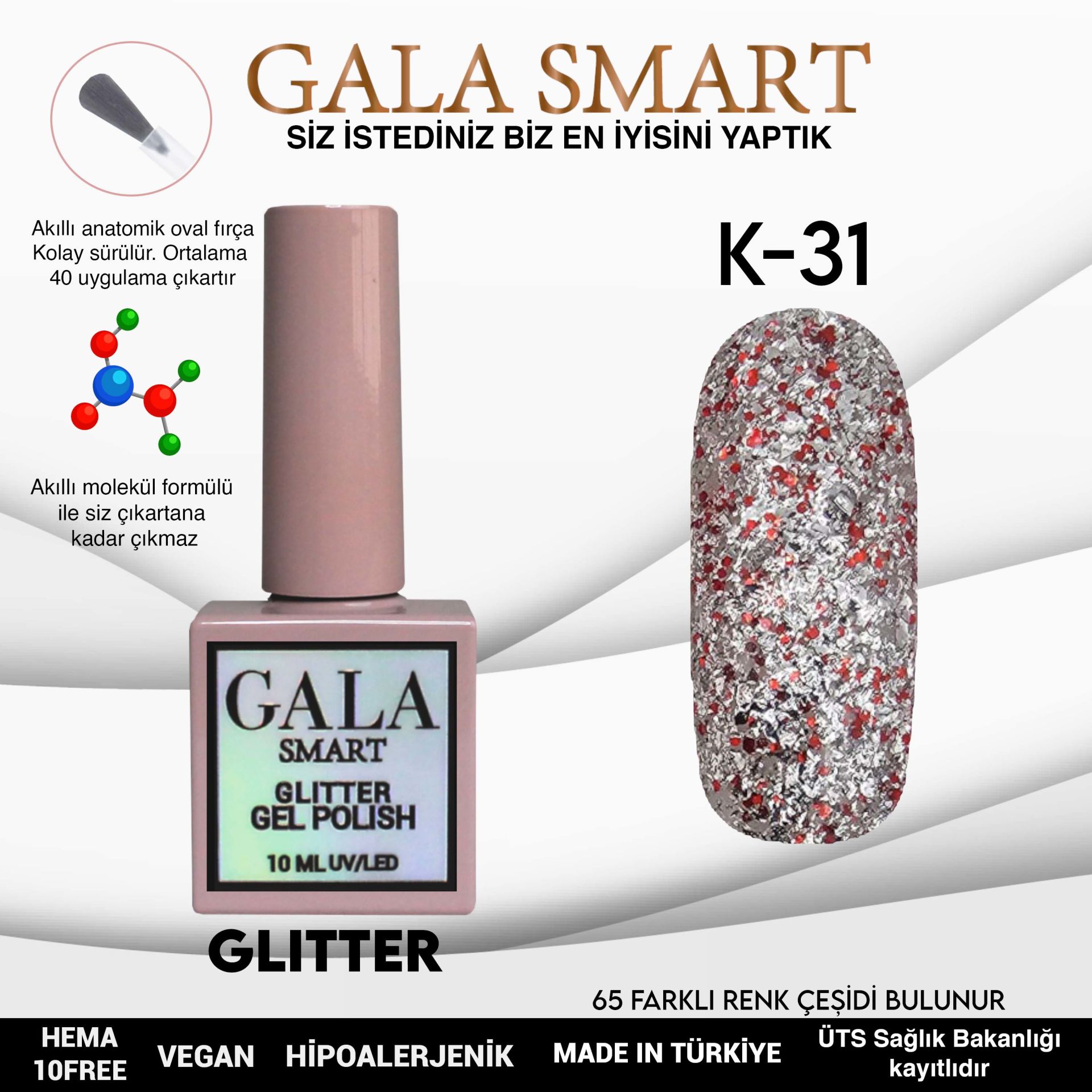 K31 Gala Smart Glitter Kalıcı Oje 10 ml