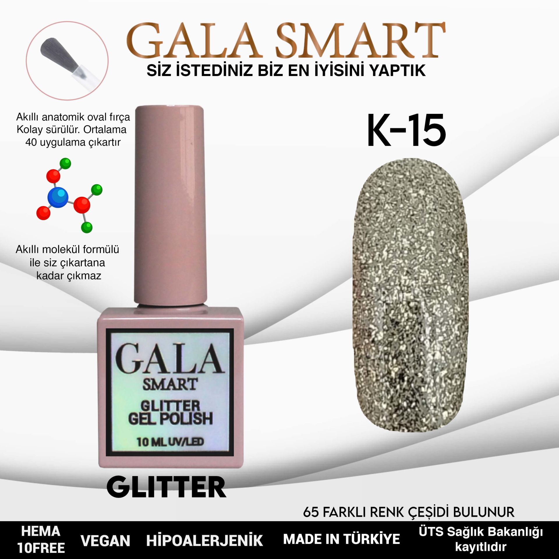K15 Gala Smart Glitter Kalıcı Oje 10 ml