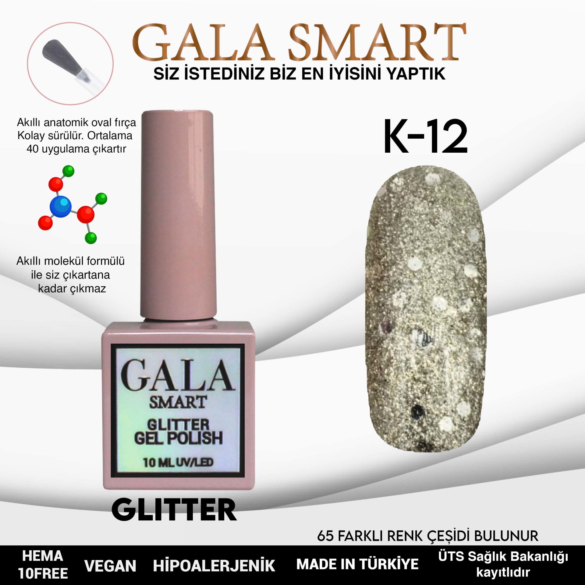 K12 Gala Smart Glitter Kalıcı Oje 10 ml