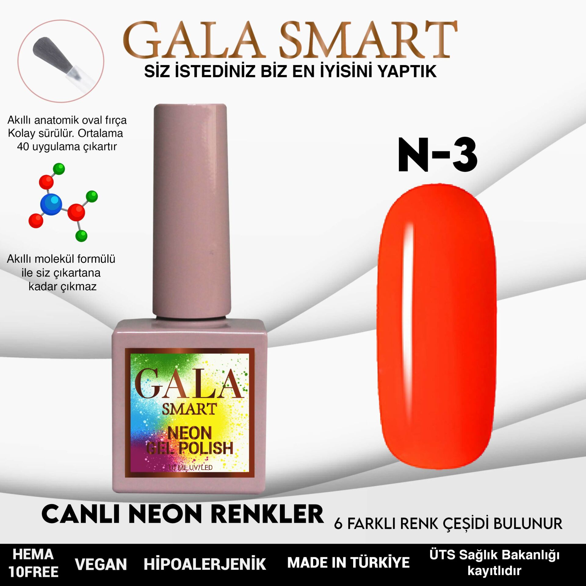 N3 Turuncu Neon Kalıcı Oje 10 ml Gala Smart