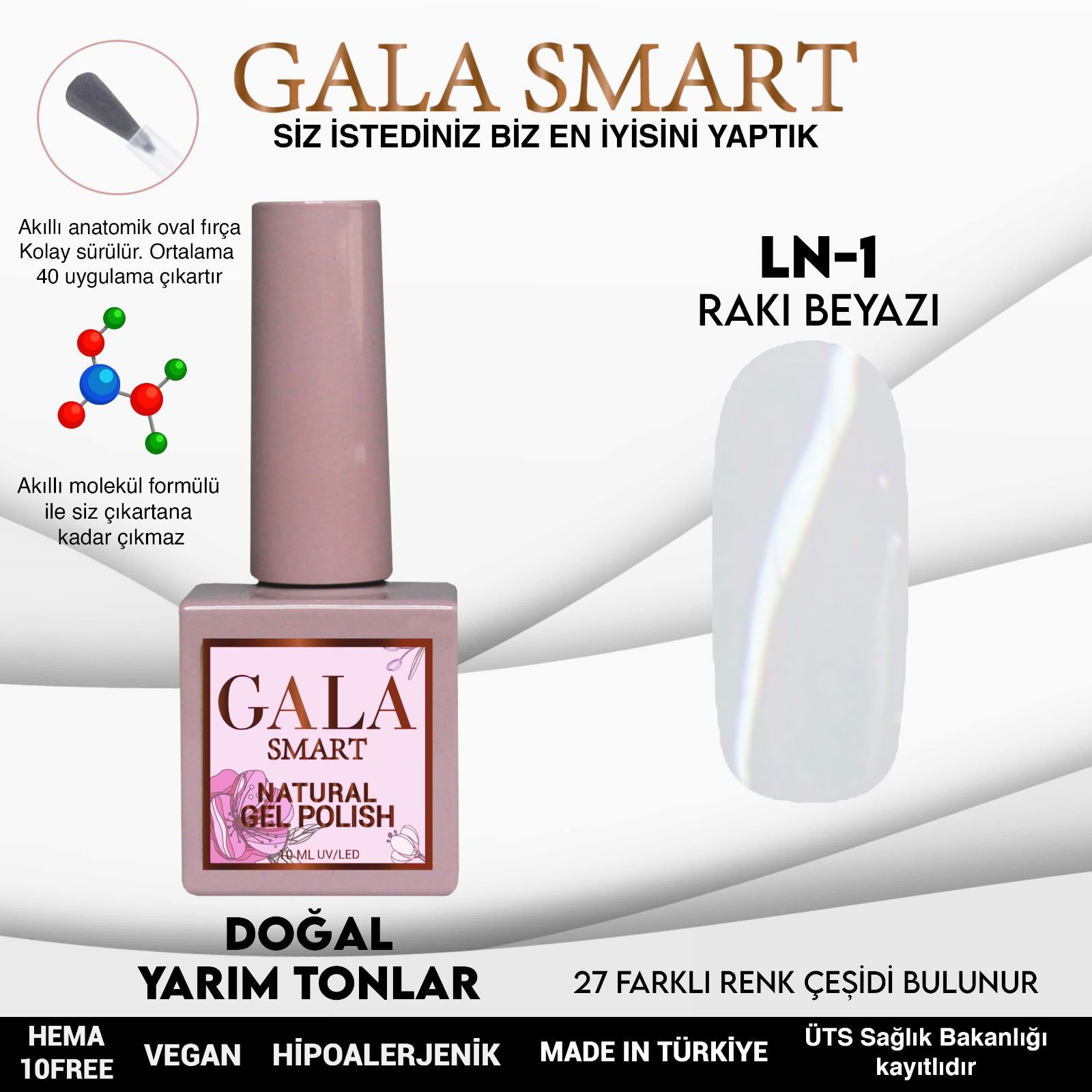 LN-1 RAKI BEYAZI NATURAL KALICI OJE GEL POLİSH 10 ML GALA SMART