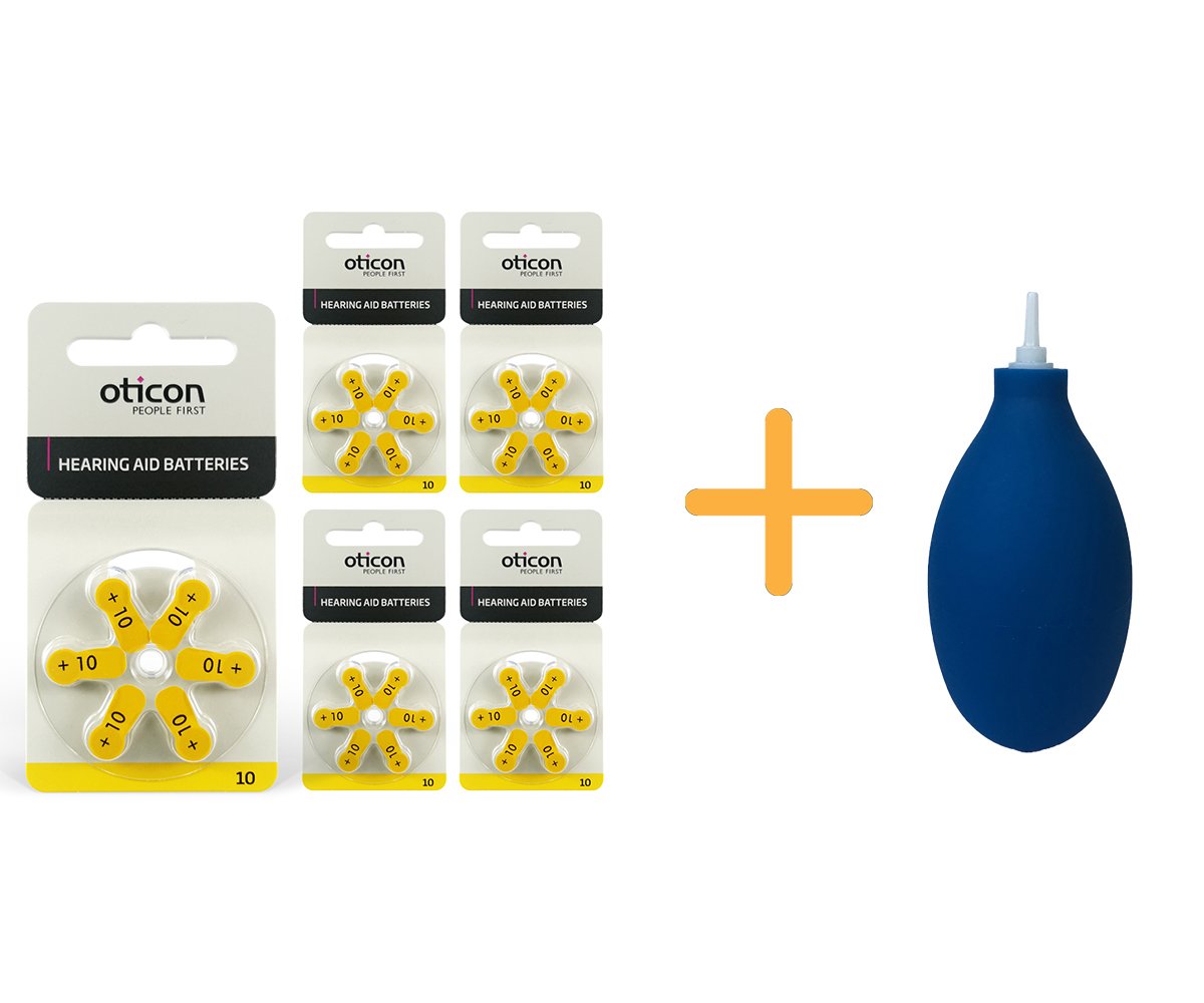 Oticon 10 Numara İşitme Cihazı Pili (5 Paket x 6 Adet= 30 Adet Pil) + HEDİYE İşitme Cihazı El Pompası (Puar), YesMed