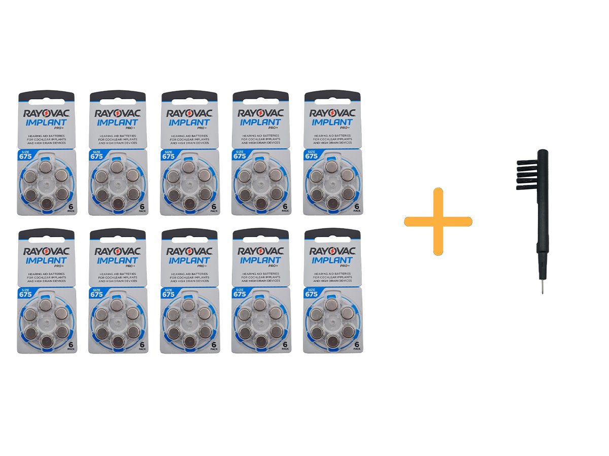 Koklear İmplant İşitme Cihazı Pili, Rayovac 675CP IMPLANT PRO+ (10 Paket x 6 Adet = 60 Adet Pil) + HEDİYE Mıknatıslı İşitme Cihazı Temizleme Fırçası , YesMed