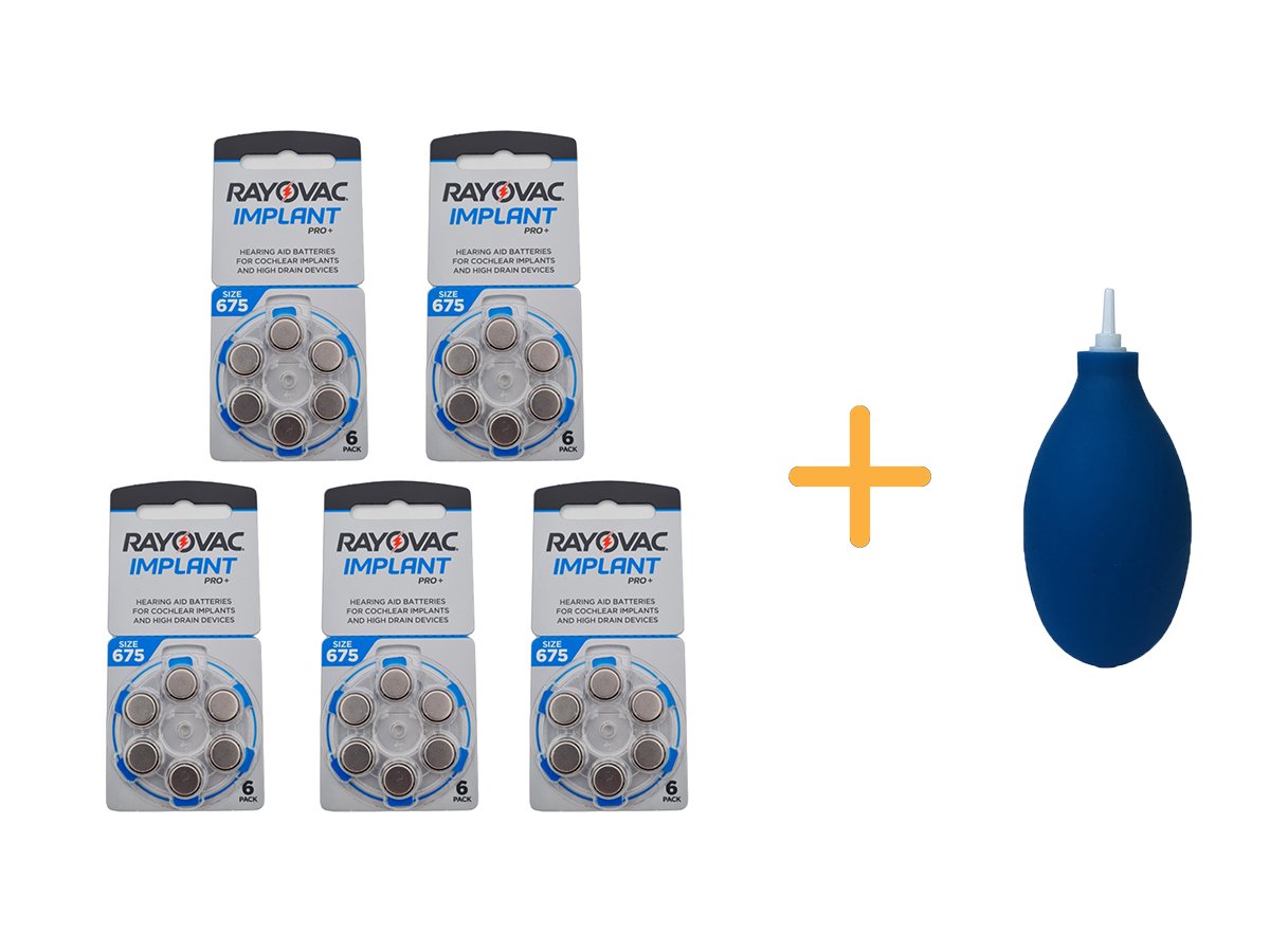Koklear İmplant İşitme Cihazı Pili, Rayovac 675CP IMPLANT PRO+ (5 Paket x 6 Adet = 30 Adet Pil) + HEDİYE İşitme Cihazı El Pompası (Puar), YesMed