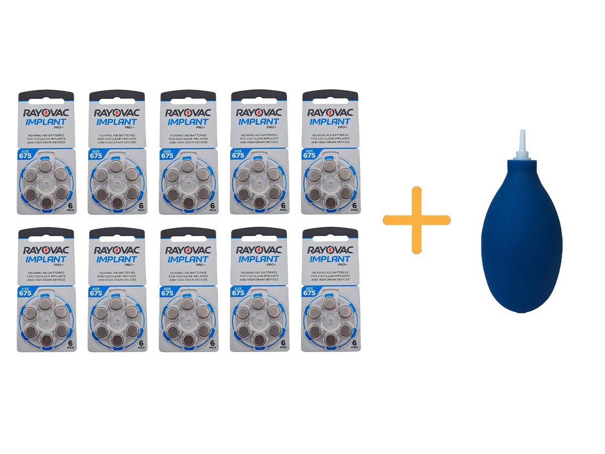 Koklear İmplant İşitme Cihazı Pili, Rayovac 675CP IMPLANT PRO+ (10 Paket x 6 Adet= 60 Adet Pil) + HEDİYE İşitme Cihazı El Pompası (Puar), YesMed