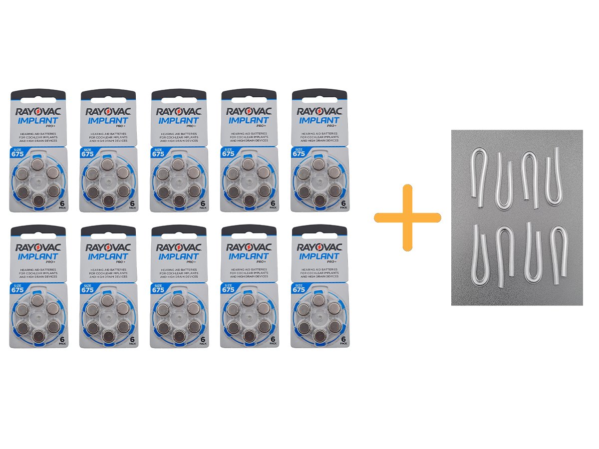 Koklear İmplant İşitme Cihazı Pili, Rayovac 675CP IMPLANT PRO+ (10 Paket x 6 Adet = 60 Adet Pil) + HEDİYE İşitme Cihazı Hortumu (8 Adet, Orta-Standart olan Kıvrılmış Hortum), YesMed