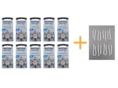 Koklear İmplant İşitme Cihazı Pili, Rayovac 675CP IMPLANT PRO+ (10 Paket x 6 Adet = 60 Adet Pil) + HEDİYE İşitme Cihazı Hortumu (8 Adet, Orta-Standart olan Kıvrılmış Hortum), YesMed