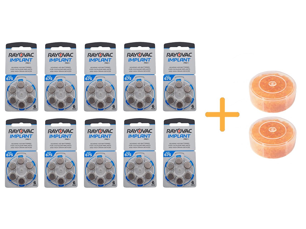 Koklear İmplant İşitme Cihazı Pili, Rayovac 675CP IMPLANT PRO+ (10 Paket x 6 Adet = 60 Adet Pil) + HEDİYE İşitme Cihazı Nem Alıcı Tablet, YesMed