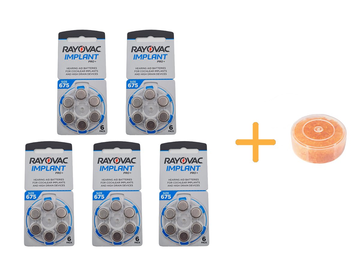 Koklear İmplant İşitme Cihazı Pili, Rayovac 675CP IMPLANT PRO+ (5 Paket x 6 Adet = 30 Adet Pil) + HEDİYE İşitme Cihazı Nem Alıcı Tablet, YesMed