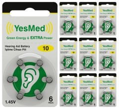 YesMed Extra Power 10 Numara İşitme Cihazı Pili, Kulaklık Pili, Duyma Pili, Kulak Pili, Kulak Cihazı Pili (10 Paket x 6 Adet = 60 Adet Pil)