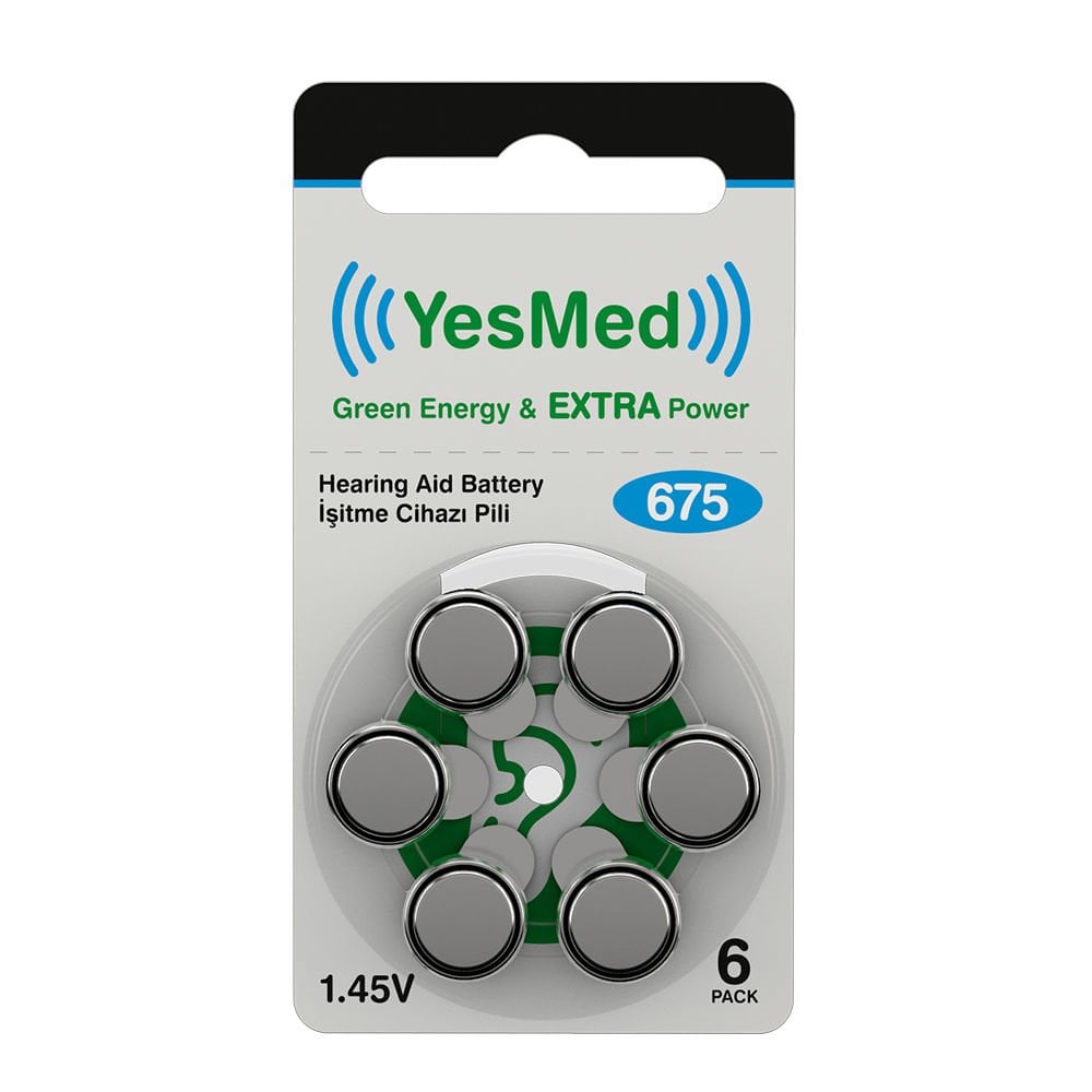 YesMed Extra Power 675 Numara İşitme Cihazı Pili, Kulaklık Pili, Duyma Pili, Kulak Pili, Kulak Cihazı Pili (1 Paket = 6 Adet Pil)