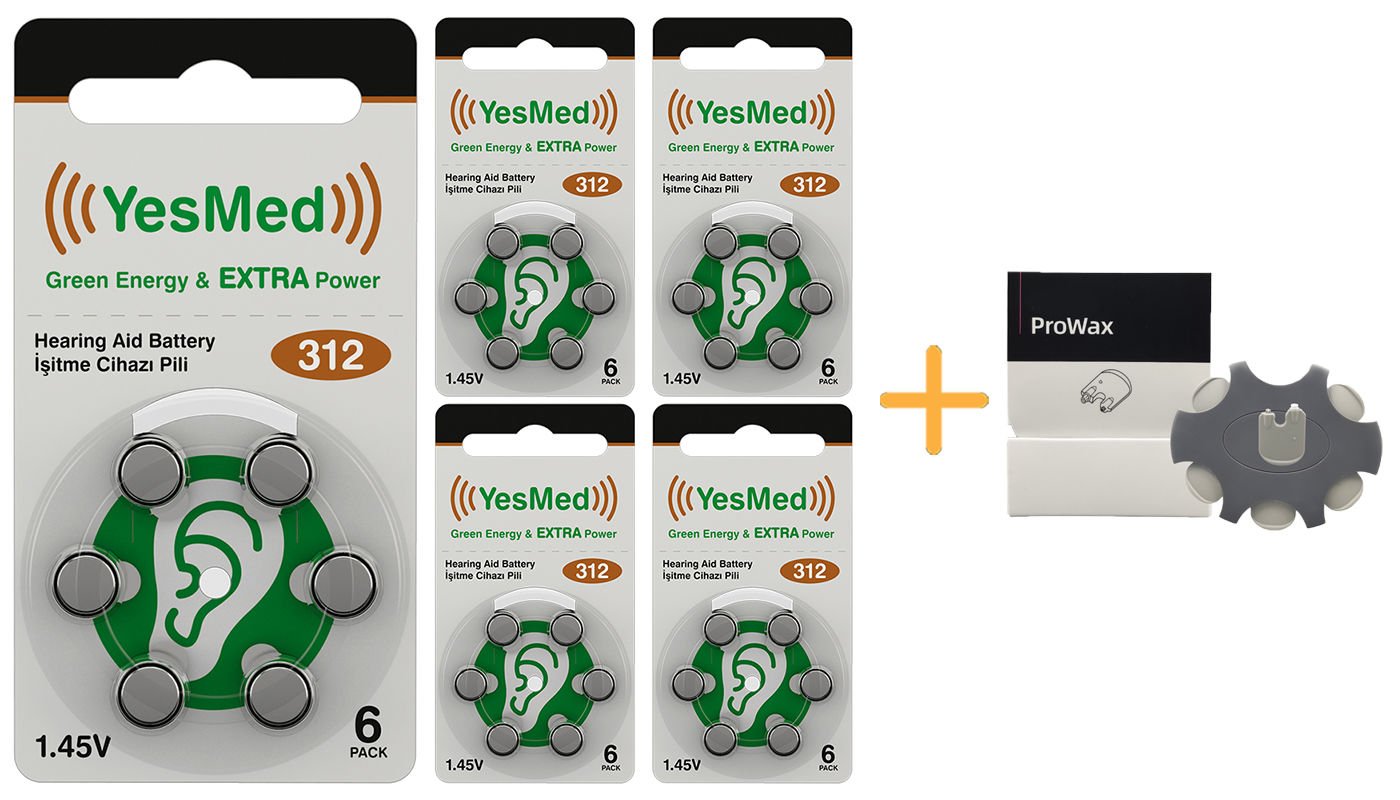 YesMed Extra Power 312 Numara İşitme Cihazı Pili (5 Paket x 6 Adet = 30 Adet Pil) + HEDİYE ProWax Filtre