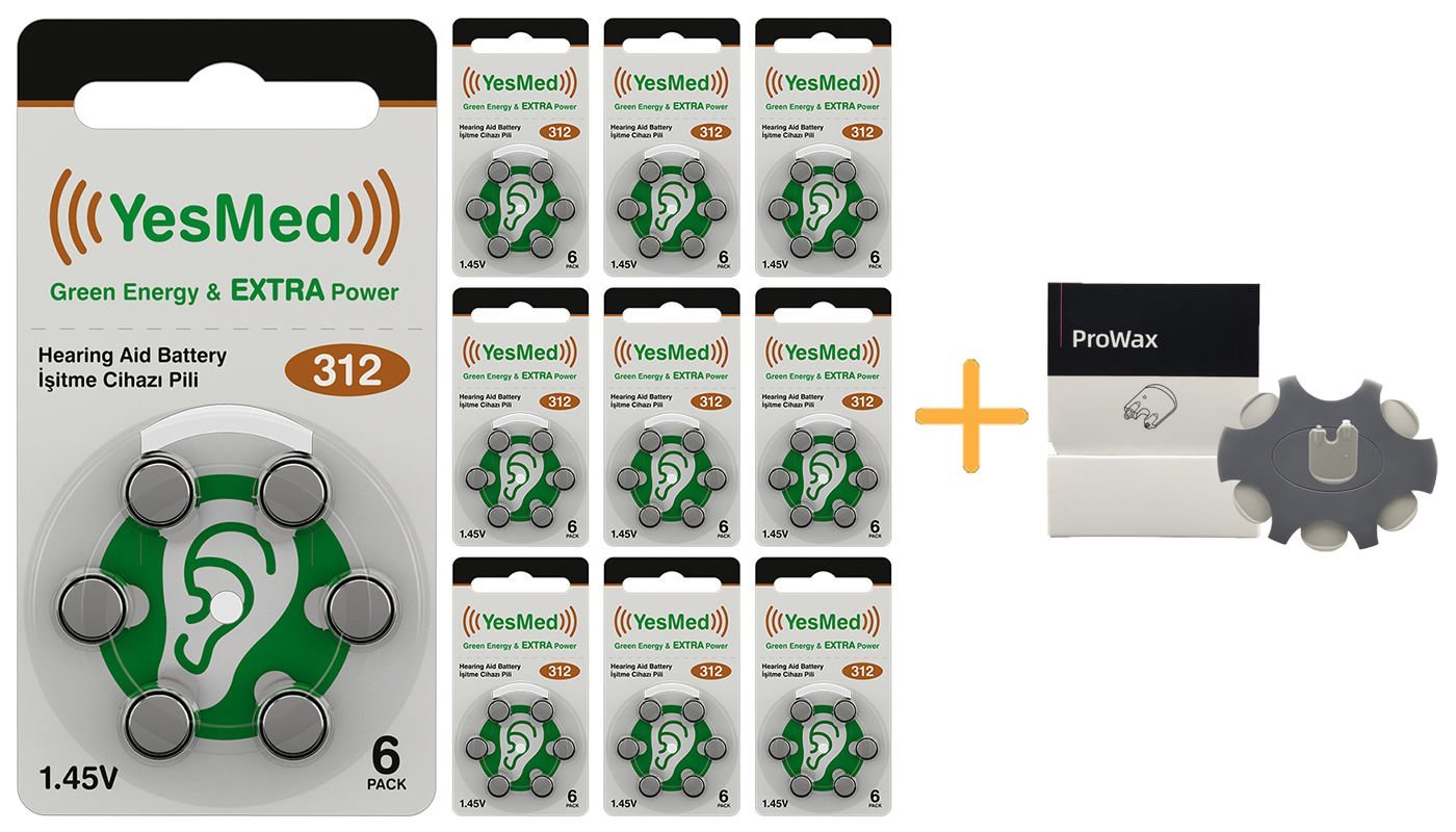 YesMed Extra Power 312 Numara İşitme Cihazı Pili (10 Paket x 6 Adet = 60 Adet Pil) + HEDİYE ProWax Filtre