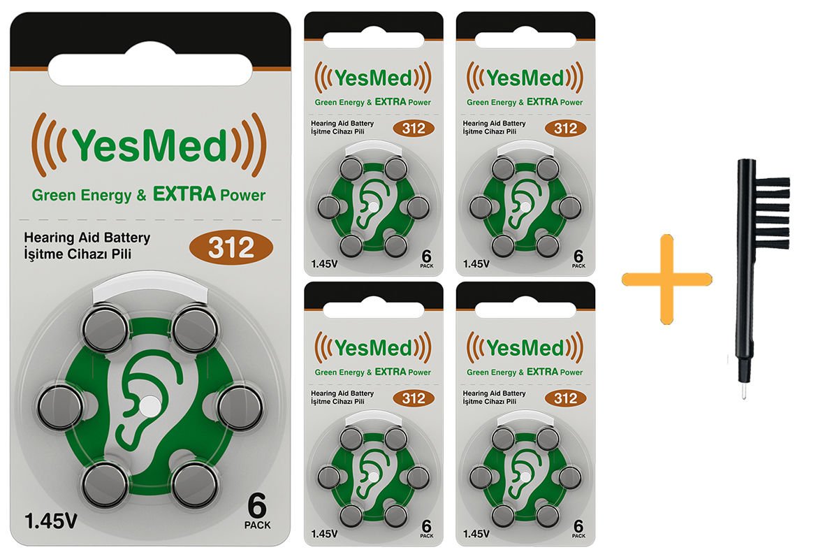 YesMed Extra Power 312 Numara İşitme Cihazı Pili (5 Paket x 6 Adet = 30 Adet Pil) + HEDİYE Mıknatıslı İşitme Cihazı Temizleme Fırçası