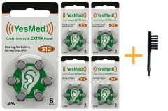 YesMed Extra Power 312 Numara İşitme Cihazı Pili (5 Paket x 6 Adet = 30 Adet Pil) + HEDİYE Mıknatıslı İşitme Cihazı Temizleme Fırçası