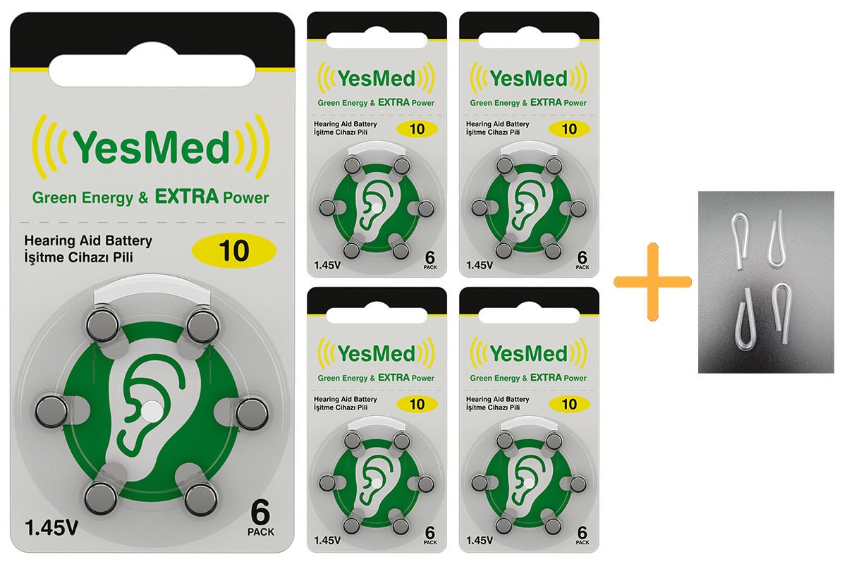 YesMed Extra Power 10 Numara İşitme Cihazı Pili (5 Paket x 6 Adet = 30 Adet Pil) + HEDİYE   İşitme Cihazı Hortumu (4 Adet, Orta-Standart olan Kıvrılmış Hortum), YesMed