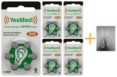 YesMed Extra Power 312 Numara İşitme Cihazı Pili (5 Paket x 6 Adet = 30 Adet Pil) + HEDİYE İşitme Cihazı Hortumu (4 Adet, Orta-Standart olan Kıvrılmış Hortum), YesMed