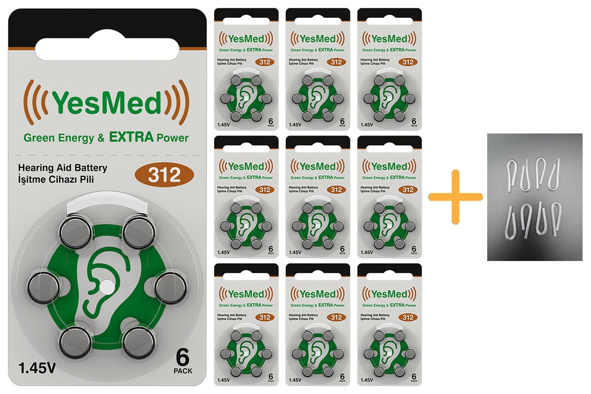 YesMed Extra Power 312 Numara İşitme Cihazı Pili (10 Paket x 6 Adet = 60 Adet Pil) + HEDİYE İşitme Cihazı Hortumu (8 Adet, Orta-Standart olan Kıvrılmış Hortum), YesMed