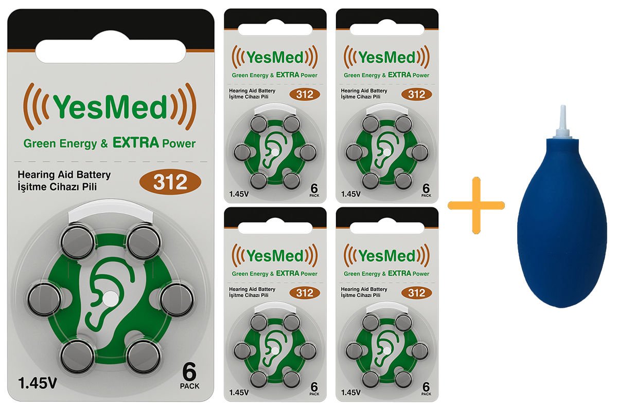 YesMed Extra Power 312 Numara İşitme Cihazı Pili (5 Paket x 6 Adet = 30 Adet Pil) + HEDİYE İşitme Cihazı El Pompası-Puar
