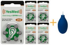 YesMed Extra Power 312 Numara İşitme Cihazı Pili (5 Paket x 6 Adet = 30 Adet Pil) + HEDİYE İşitme Cihazı El Pompası-Puar