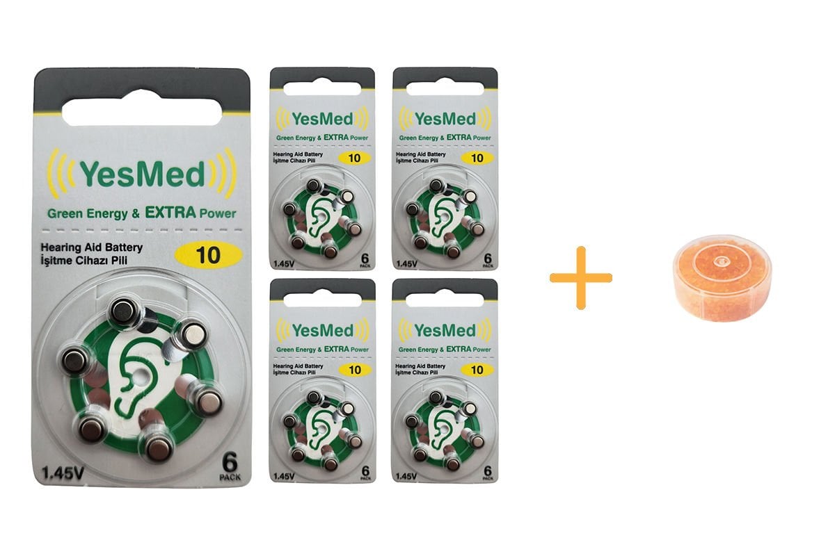 YesMed Extra Power 10 Numara İşitme Cihazı Pili (5 Paket x 6 Adet = 30 Adet Pil) + HEDİYE İşitme Cihazı Nem Alıcı Tablet 1 Adet