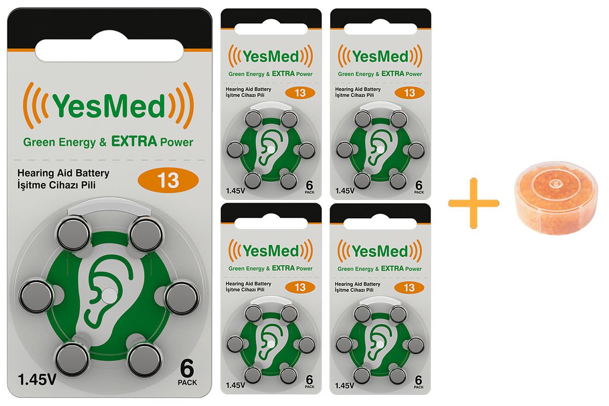 YesMed Extra Power 13 Numara İşitme Cihazı Pili (5 Paket x 6 Adet = 30 Adet Pil) + HEDİYE İşitme Cihazı Nem Alıcı Tablet, YesMed